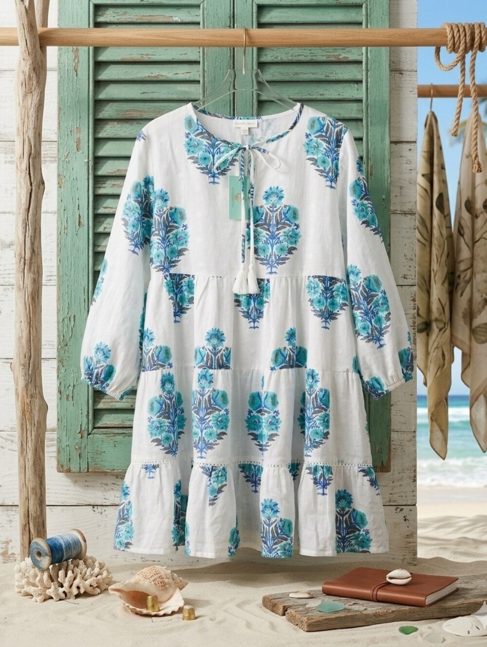 Boho Floral Midi Dress in White with Teal & Blue Print - Unknown Brand